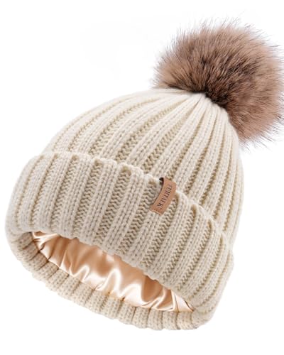 FURTALK Womens Winter Beanie Hat Satin Lined Faux Fur Pom Pom Beanies Hat for Women Winter Warm Knit Hats - color: Beige