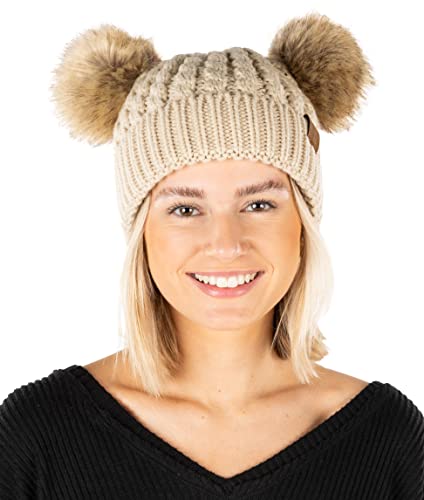 Funky Junque Women’s Double Pom Pom Beanie – Soft Knit Winter Hat for Women & Teens, Warm Cuffed Beanie with Faux Fur Poms - color: Beige/Natural Faux Fur, size: Small-X-Large