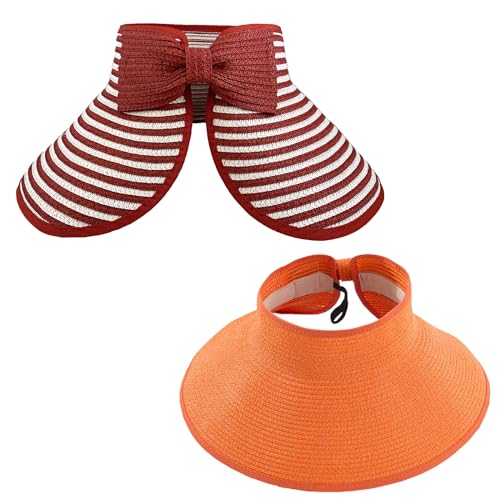 Womens Foldable Straw Sun Visor, Packable Roll‑Up Beach Hat with Wide Brim - color: Y - 2 Packs - Orange, Red With White Stripe