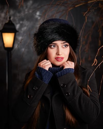 Futrzane Faux Fur Trim Hat for Women - color: Navy Blue - Black, size: Medium