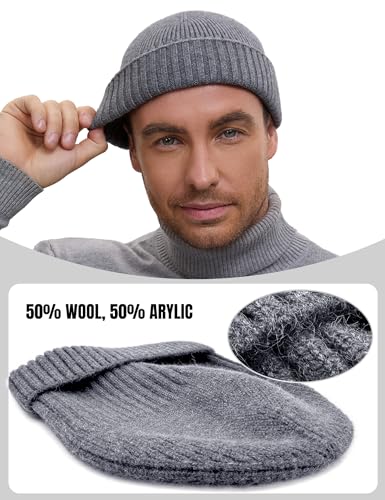 vidsel 50% Wool Double Cuff Beanie Hat for Men Women, Warm Winter Knit Cap - color: Light Grey