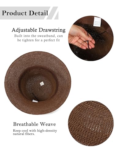Womens Sun Hat Handmade Foldable Straw Bucket Hat Summer Crochet Travel Cap - color: Coffee, size: Small
