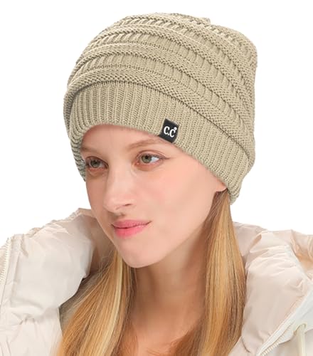 C.C Beanie Oversized Hat with Fuzzy Lining – Thick Knit Thermal Beanie for Cold Weather, Soft Warm Fleece Lined Cap - color: Beige