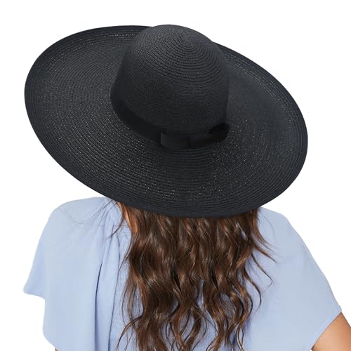 Women Wide Brim Sun Hat UPF50 Straw Summer Hat Floppy Beach Hat Roll-Up - color: Black