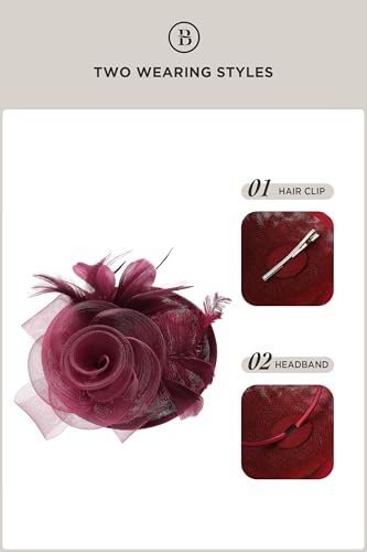 BABEYOND Fascinators Hats for Women Tea Party Mesh Flower Pillbox Derby Hat - color: Wine Red