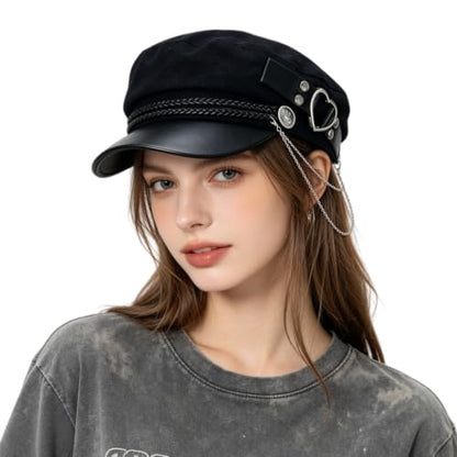 Women’s Black Newsboy Cap Gothic Beret with Chain Heart Buckle/Crown Accents Flat Top Visor Baker Boy Sailor Hat - color: Black With Heart Buckle Chain