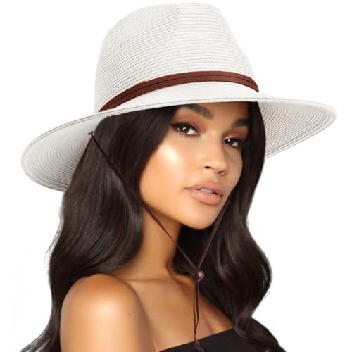 AQOKKA Summer Straw Fedora Hat for Women Men Travel Panama Hat with Wide Brim Roll Up Sun Hat for Beach Outdoor UPF 50+ - color: Panama Hat : White a