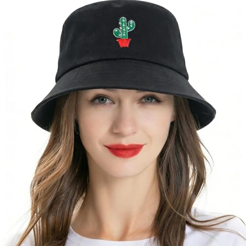 ZLYC Cotton Bucket Hat for Women Men Embroidered Packable Summer Sun Cap - color: Cactus Black