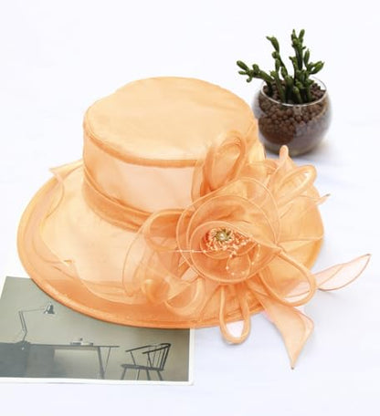 Women's Kentucky Derby Church Dress Hat Wide Brim Leaf Flower Bridal Shower Hat - color: F12-orange