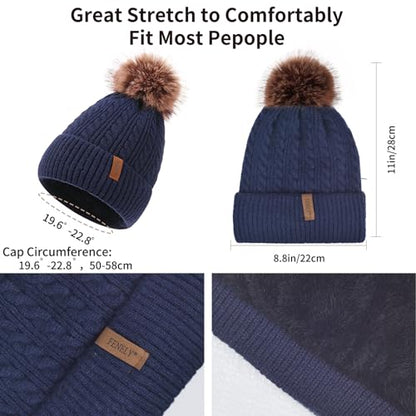 Winter Hat Scarf Gloves Set for Women, Classic Cable Beanie with Removable Pom Pom Long Scarf Touchscreen Gloves 3 in 1 Set - color: Navy Blue