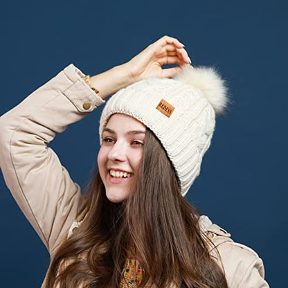 REDESS Women Winter Pompom Beanie Hat with Warm Fleece Lined Thick Slouchy Snow Knit Hat Skull Ski Cap - color: Dark Purple