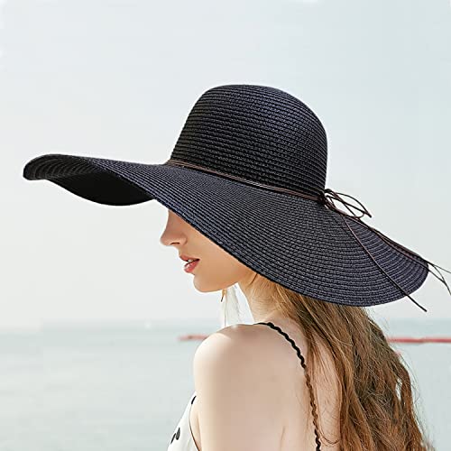 Floppy Big Beach Straw Hats for Women Foldable Summer Wide Brim Packable Sun Hat Womens Travel Straw Fedora Hat - color: Black-1