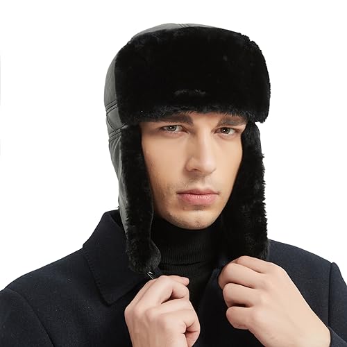 Trapper Hat Winter Hunter Ushanka Ear Flaps Sport Leather Black Hat - size: Large