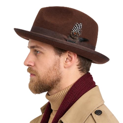 FORBUSITE Wool Felt Wide Brim Fedora Hats for Women Men - color: B5070-lm-brown, size: Medium