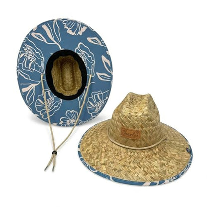 Women's Wide Brim Straw Sun Hat for Beach, Lifeguard Style, Hand-Woven Rush & Mat, Adjustable Chin Drawstring - color: The Emery