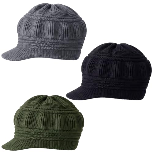 Mepase 3 Pieces Women Warm Hat for Winter Slouchy Beanie Cap with Visor Knitted Newsboy Hats for Women Ski Snow - color: Black, Dark Gray, Military Green