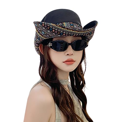 Womens Wide Brim Floral Summer Sun Hat UPF 50+ Ethnic Style Foldable Floppy Sun Protection Travel Beach Bucket Hat - color: Black