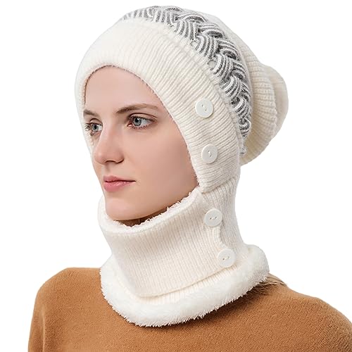 HUAMULAN Women Winter Knit Balaclava Fleece Lined Hooded Beanie Hats - color: Cream White, size: One Size