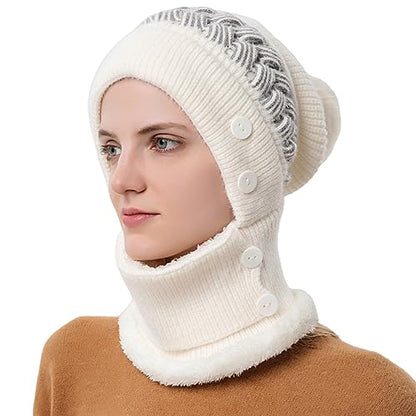 HUAMULAN Women Winter Knit Balaclava Fleece Lined Hooded Beanie Hats - color: Cream White, size: One Size