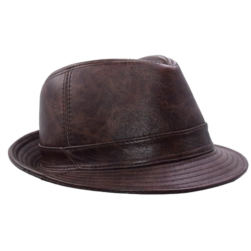 Vintage Cowhide Jazz Hats Classic Leather Fedora Hat - color: Brown, size: Medium