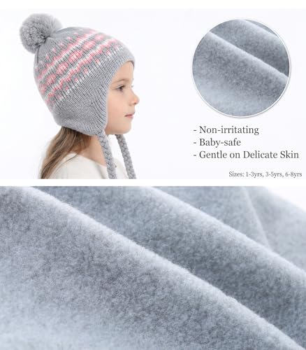 Moon Kitty Girls Knit Hats Winter Fleece Lining Skiing Winter Caps with Warm Ear Flap - color: Gray+pink, size: 6-10 Years