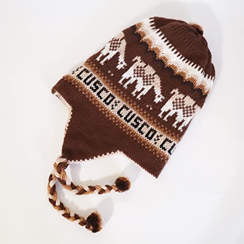 Alpaca Wool Blend Winter Hat Chullo Inca Peruvian Design Reversible with Earflaps. Beanie Medium Size. Unisex - color: Brown/Beige