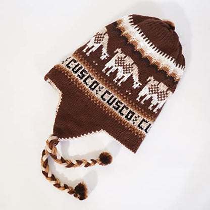 Alpaca Wool Blend Winter Hat Chullo Inca Peruvian Design Reversible with Earflaps. Beanie Medium Size. Unisex - color: Brown/Beige