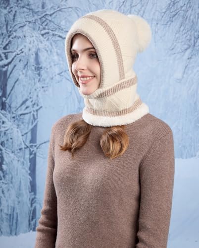 HUAMULAN Women Winter Knit Beanie Hats One Piece Fleece Lined Balaclavas - color: Beige + Khaki Stripe