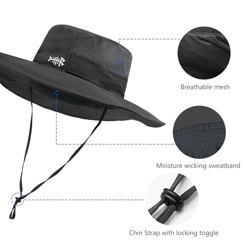 BASSDASH UPF 50+ Fishing Sun Hat Water Resistant Unisex Wide Brim Bucket Boonie Hat for Hiking Camping Safari FH15 - color: Dark Grey, size: Medium