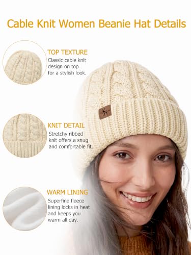Winter Hats for Women Cable Knit Chunky Skull Cap Fleece Lined Thick Fold Cuff Beanie hat - color: Oatmeal, style: Cross Jacquard