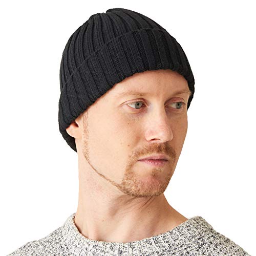 CHARM Mens Cotton Fisherman Beanie - Ribbed Trawler Knit Cap Womens Slouch Hat - color: Black