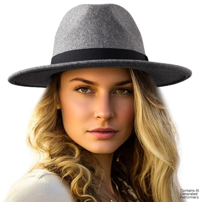 Felt Wide Brim Fedora Hats for Women Men, with Band Belt Buckle, Adjustable - color: P05 Light Grey