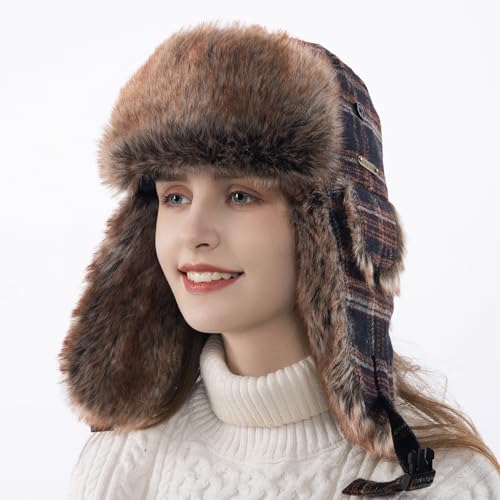 Unisex Winter Trapper Hat Cold Proof Keep Warm Hat with Ear Flaps for Hunting Skiing Trooper Outdoor Activities - color: Dark Plaid Series-red, size: Medium-Large