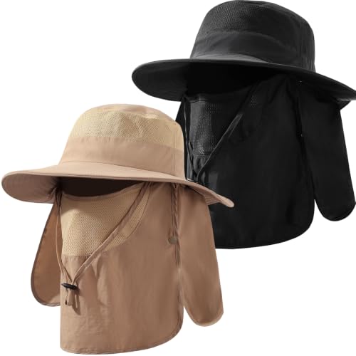 Men's Sun Hat Fishing Hat Boonie Hat UPF 50+ Wide Brim Outdoor Work Hat with Breathable Mesh and Chin Strap for Outwork - color: Black+khaki