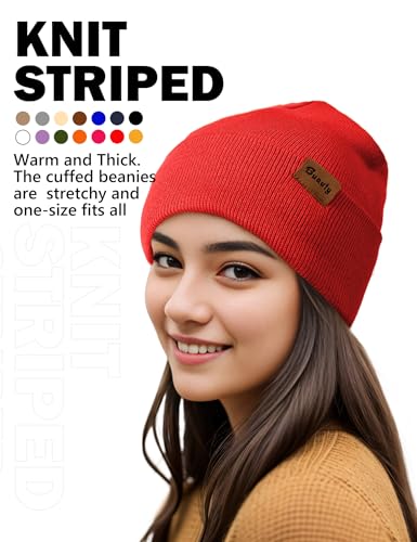 Beanie Hats for Men Women Knit Winter Hat, Warm Skull Stocking Cap, Striped Snow Hat Heated Cuffed Beanie - color: 2p-black+red