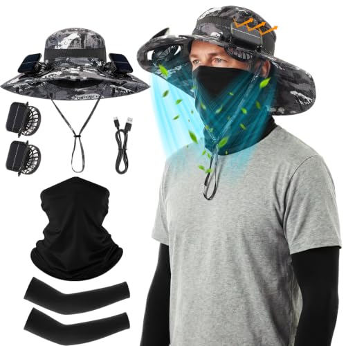 Syhood Solar Powered Fan Hat Neck Gaiter Arm Sleeves Sun Bucket Hat with Fan Cooling Wide Brim Hats for Fishing Hiking - color: Camouflage7, style: Breathable