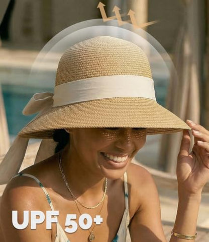 Womens Straw Beach Sun Hat, UV Protection UPF 50+, Lightweight Straw Bucket Hat, Summer Travel - color: Mix Beige-ribbon, size: Medium