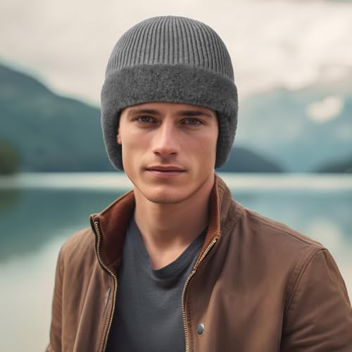 Bencailor 3 Pcs Knit Beanie Hats Winter Beanie with Earflap Black Gray Fleece Lined Hats for Men Women Warm Skull Cap Unisex Daily Headwear Winter Gifts