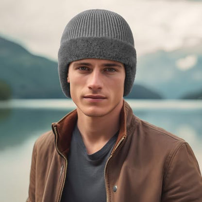 Bencailor 3 Pcs Knit Beanie Hats Winter Beanie with Earflap Black Gray Fleece Lined Hats for Men Women Warm Skull Cap Unisex Daily Headwear Winter Gifts