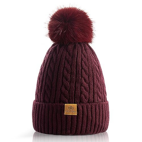 PAGE ONE Women Winter Pom Pom Beanie Hats Warm Fleece Lined Knit Hat Chunky Trendy Cute Cap - color: Wine Red-1