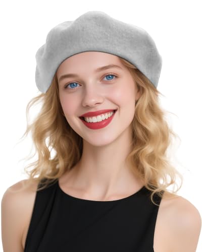 French Beret Hats for Women - Wool Solid Color Beanie Cap - color: Grey