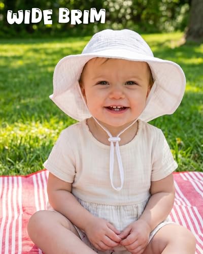HONGTEYA Baby Sun Hat Muslin Wide Brim Toddler Girl Beach Bucket Hat - color: White/Beige, size: 2-5T