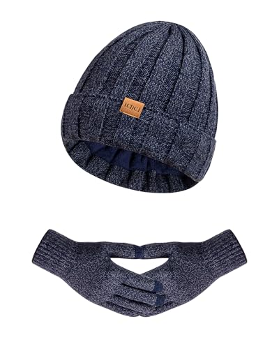 Womens Winter Beanie Warm Hat Touchscreen Gloves Set with Fleece Lined Skull Caps Gifts for Women Men - color: Navy