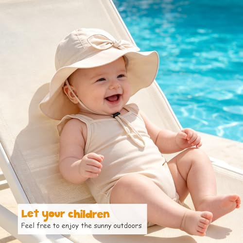 Baby Girl Sun Hat with UPF 50+ Outdoor Adjustable Beach Hat with Wide Brim Bucket Hats - color: Beige, size: 2-3T