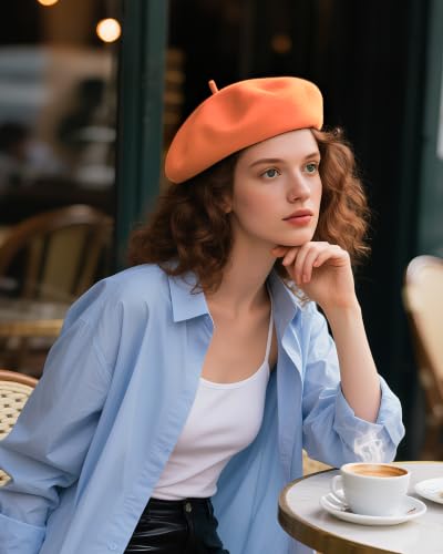 French Beret Hats for Women - Wool Solid Color Beanie Cap - color: Light Orange