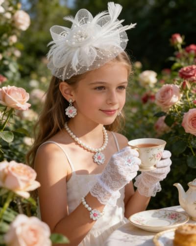 Girls Tea Party Fascinators Hats Girls Church Hats 20s 50s Pillbox Hat Cocktail Mesh Flower Pearl Feather Headband - color: White
