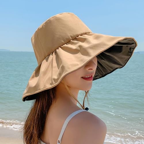 Women Summer Rain UV UPF 50 Sun Protection Wide Brim Hat - Foldable Bucket Sun Hat - color: Camel