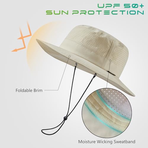 UPF 50+ Bucket Sun Hat with Laser Perforated Mesh Cooling Adjustable Breathable Lightweight for Outdoor Men Women - color: Beige