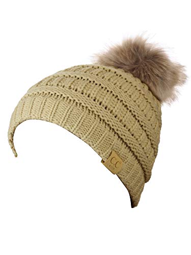 C.C Children's Kids' Soft Stretch Cable Knit Faux Fur Pom Beanie Hat - color: Beige