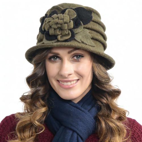 Vintage Women Floral Wool Dress Cloche Winter Hat 1920s - color: C020-d-green